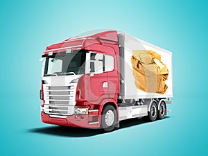 Modern red truck with trailer with white insets for mail transport 3D render on blue background with shadow
