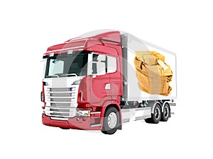 Modern red truck with trailer with white insets for mail transport 3D render on white background no shadow