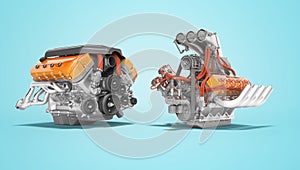 Modern red turbo engine and supercharger engine isolated 3D render on blue background with shadow