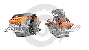 Modern red turbo engine and supercharger engine isolated 3D render on white background no shadow