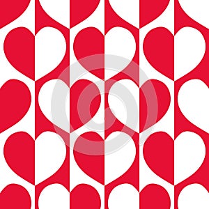 Modern red and white reflected hearts with 60`s vibe on striped geometric background as seamless vector pattern. photo