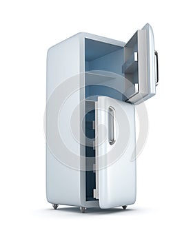 Modern refrigerator with opened doors. on white