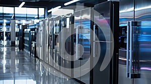 Modern refrigerators displayed in an appliance store