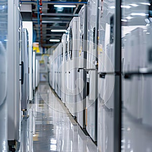 Modern refrigerators displayed in an appliance store