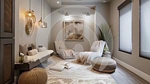 A modern relaxation room complete with a mage chair dimmable lighting and fuzzy blankets for a luxurious athome