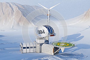 Modern Remote Antarctic Research Polar Station on the Mountains Background. 3d Rendering