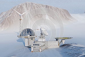 Modern Remote Antarctic Research Polar Station on the Mountains Background. 3d Rendering