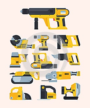 Modern renovation power tools flat illustrations set