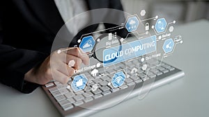 Innovative Cloud Computing Concept with Visual Icons on Keyboard, Representing Modern Technology, Data Security, Remote