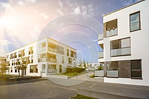 Modern residential area with apartment buildings in a new urban development