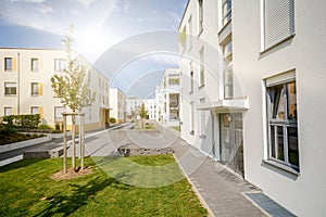 Modern residential area with apartment buildings in a new urban development