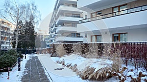 A modern residential area on a frosty winter morning.