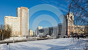 Modern residential area Malinovka and cars on the wide street in capital Minsk. Republic of Belarus