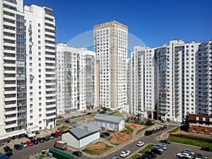 Modern residential area, new building, city yard