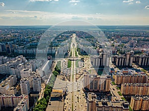 Modern residential area in Voronezh, aerial view from drone in summer day