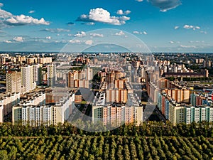 Modern residential area in Voronezh, aerial view from drone in summer day