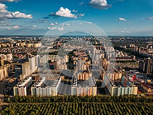 Modern residential area in Voronezh, aerial view from drone in summer day