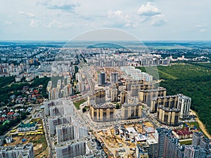 Modern residential area in Voronezh, aerial view from drone in summer day