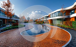 Modern residential building with curvy water feature