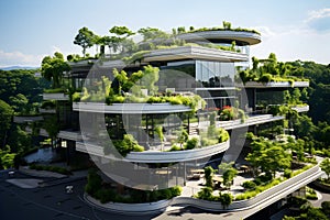 A modern residential building featuring greenery on each level, emphasizing a commitment to sustainability