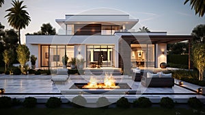 modern residential building with fire place and garden in the evening.