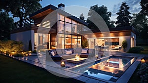 modern residential building with fire place and swimming pool in garden in the evening.