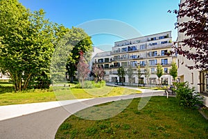 Modern residential buildings in a green environment, sustainable urban planning