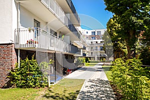 Modern residential buildings in a green environment, sustainable urban planning