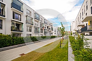 Modern residential buildings with outdoor facilities, Facade of new low-energy houses