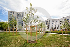 Modern residential buildings with outdoor facilities, Facade of new low-energy houses