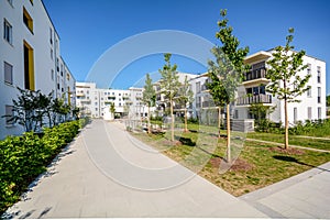 Modern residential buildings with outdoor facilities, Facade of new low-energy houses
