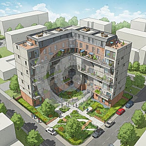 Modern residential complex with a unique architectural design, featuring an L-shaped