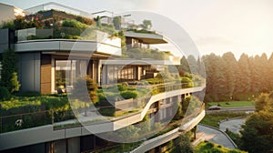 A modern residential district with green roof and balcony