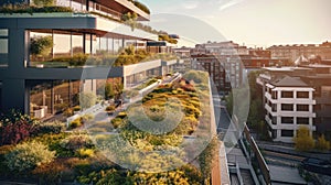 A modern residential district with green roof and balcony