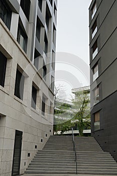 A modern residential district with a staircase among houses with square windows, generous balconies and young trees.