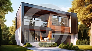 Modern residential house, contemporary home exterior in summer, generative AI