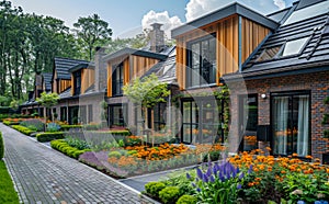 Modern residential houses. Modern brick houses with lot of flowers