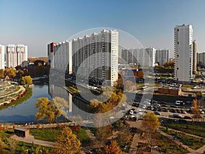 Modern residential houses near pond Levoberezhny in Khimki, Russia