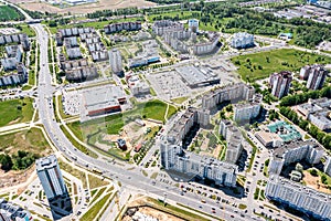 Residential neighborhood with two shopping malls. panoramic aerial view photo