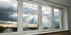 Modern residential window with clouds and light rays photo