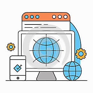 Modern responsive web development computer setup with sleek monitors, clean UI previews,