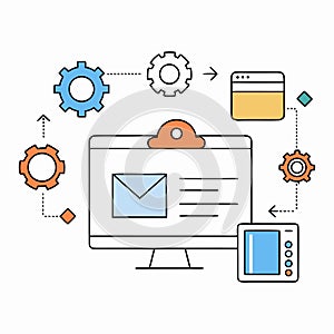Modern responsive web development computer setup with sleek monitors, clean UI previews,