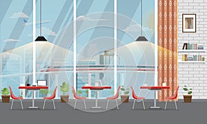 Modern Restaurant or cafe interior with large window and cityscape. Vector illustration.