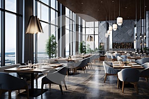 A modern restaurant with floor-to-ceiling windows offering a scenic city view