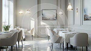 Elegant Restaurant Interior Fine Dining Tables Set for Service, Modern Design
