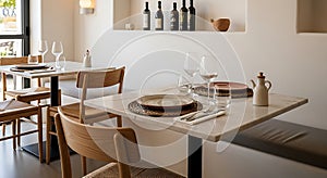 Modern restaurant interior with elegantly set dining tables, ready for guests