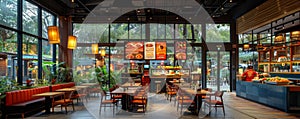Modern Restaurant Interior with Large Windows Cozy Seating and Lush Greenery