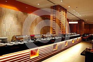 Modern restaurant interior in night illumination