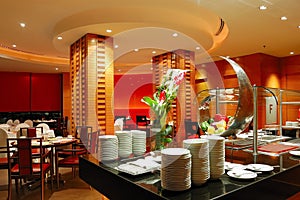 Modern restaurant interior in night illumination