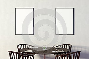 Modern restaurant interior with served tables and blank poster